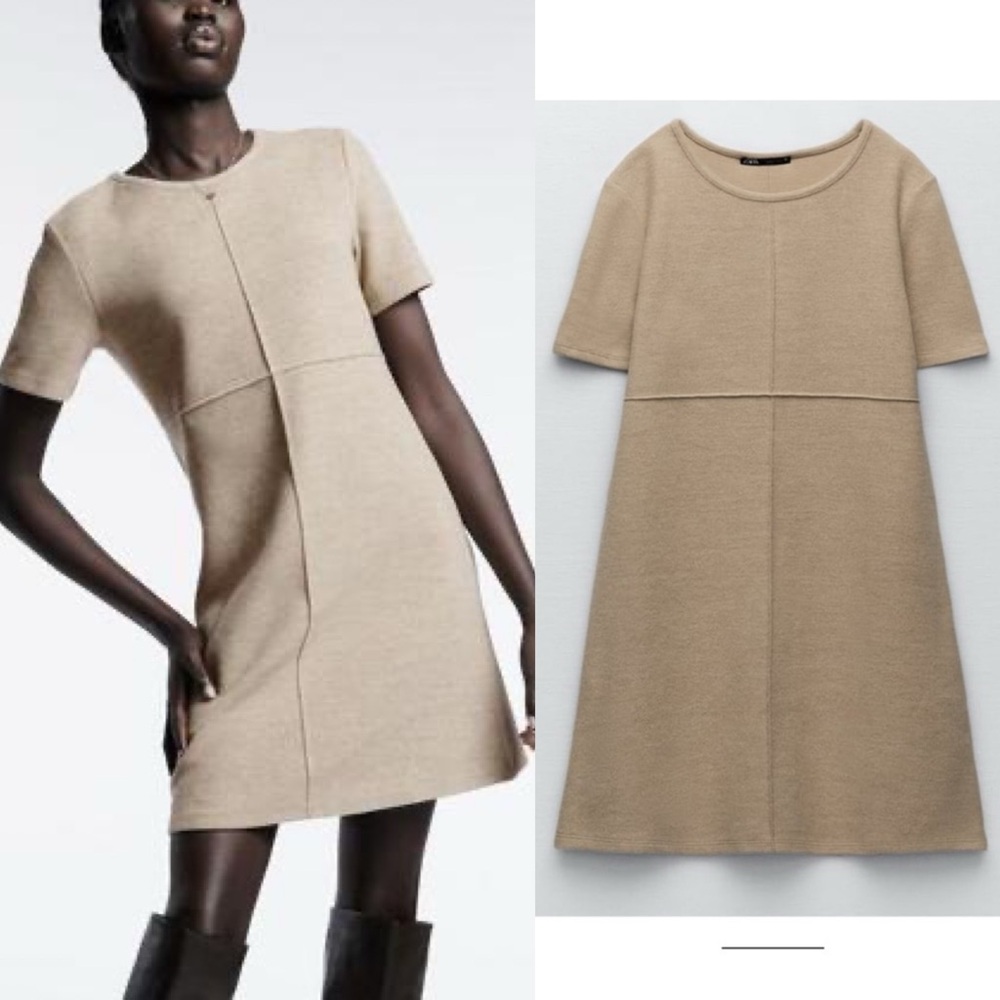 Zara NWT basic light camel, beige tan, soft mini short sleeve dress